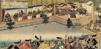 Japanese print of a sarugaku performance Higashiyama Castle celebrating the victory of the Batt ...