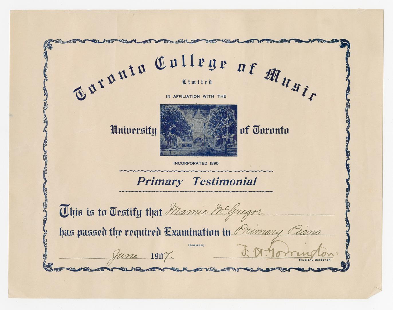 Certificate for completion of Primary Piano