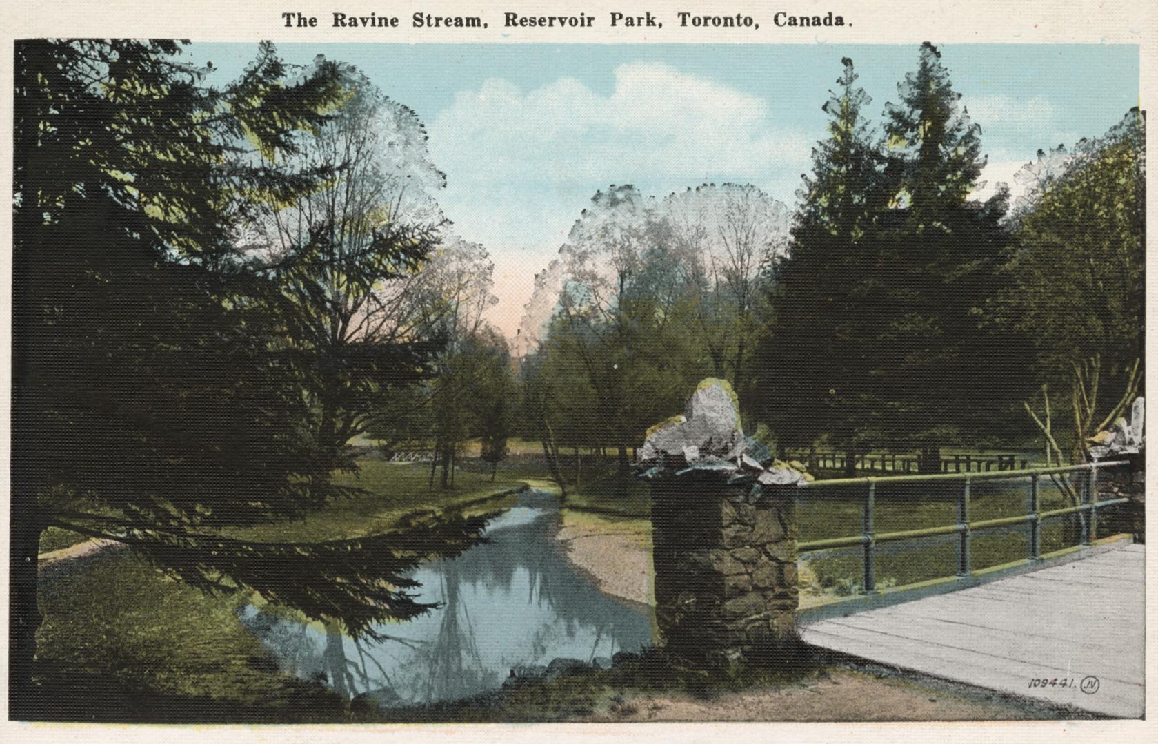 Colorized photograph of a bridge over a narrow body of water.