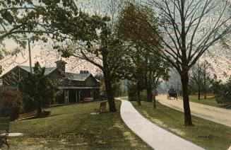 Colorized photograph of a horse and buggy traveling on a path in a forested area. Two story bui ...