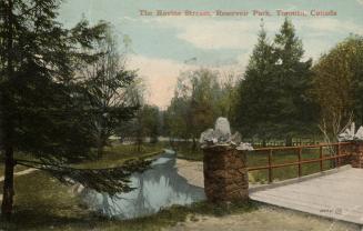 Colorized photograph of a bridge over a narrow body of water.