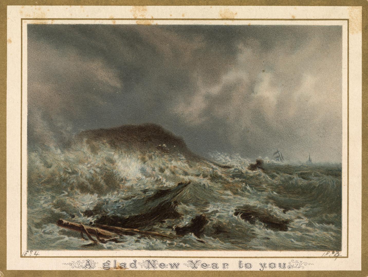 The bulk of the card contains the reproduction of a painting of turbulent seas. Waves swirl aro ...