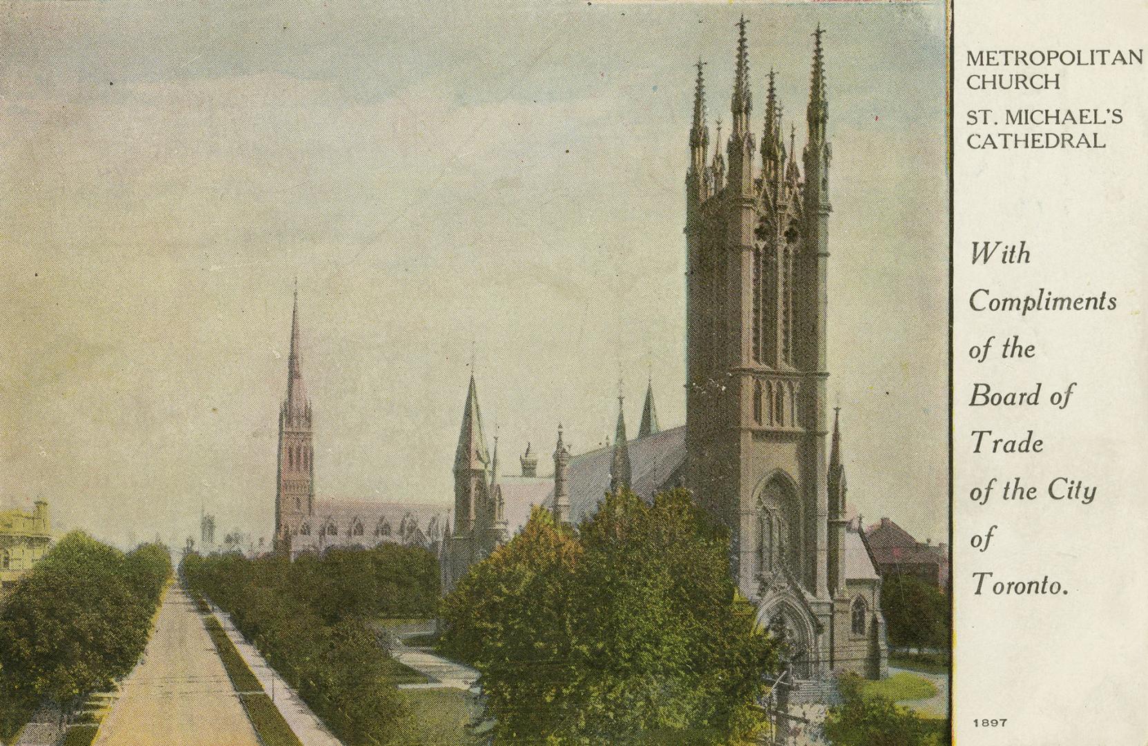 Colorized photograph of two gothic styled church buildings.