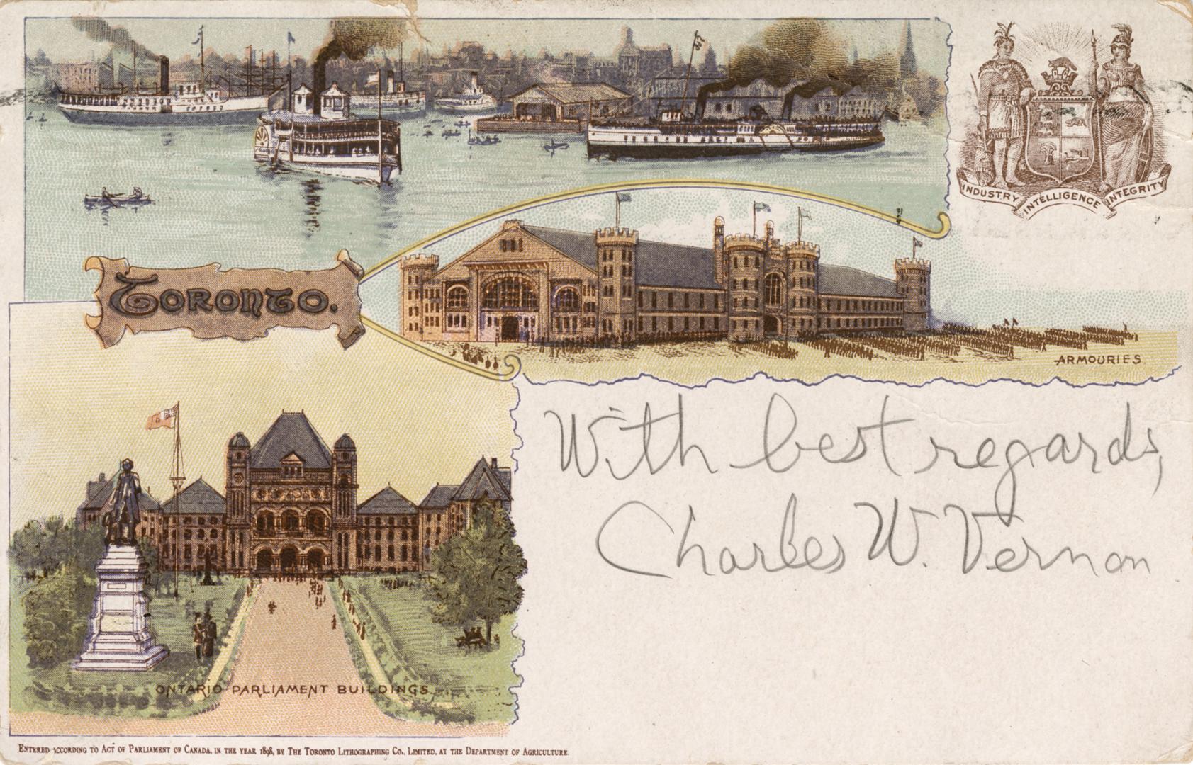 Colour postcard depicting three areas of Toronto- the Armouries, the Ontario Parliament Buildin ...