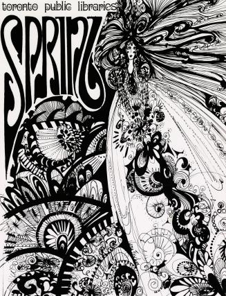 Poster of flowers and swirls with a woman with long dress and hair. 