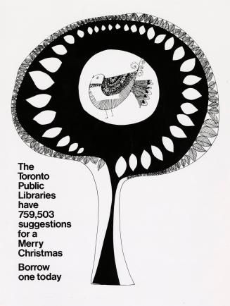 Poster with an illustration of a bird in a round shaped decorative tree. 