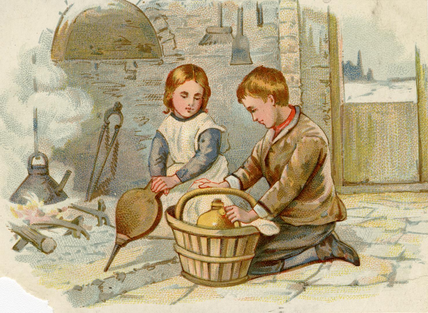 Two children kneel by a hearth. A kettle sits on the fire and the girl holds a bellows in her h ...