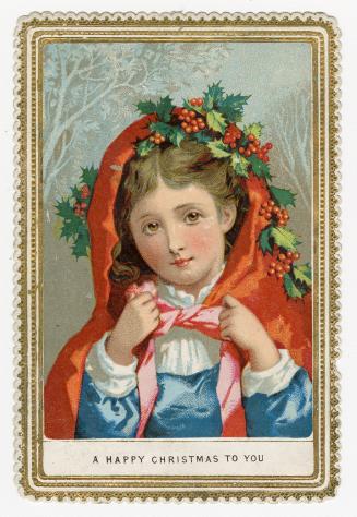 The card shows a portrait of a girl in a blue dress with a red cloak. Her hood is up and it is …