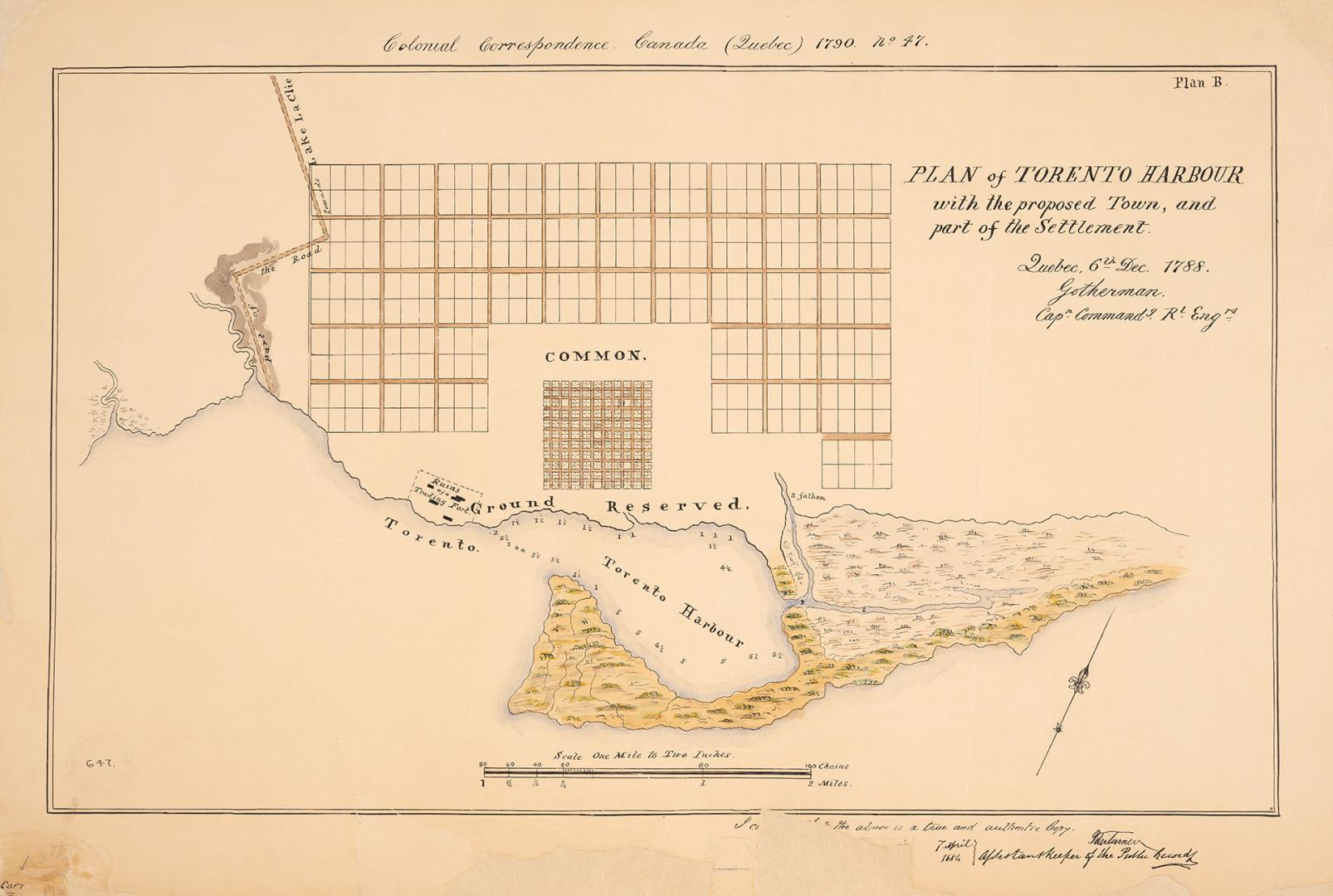 (1788) Plan of Torento [sic] Harbour with the proposed town and part of the settlement, Québec 6th Dec. 1788, Gothermann, Capn. Commandg.  Rl. Engrs. Colonial Correspondence Canada (Québec) 1790 no. 47 Plan B