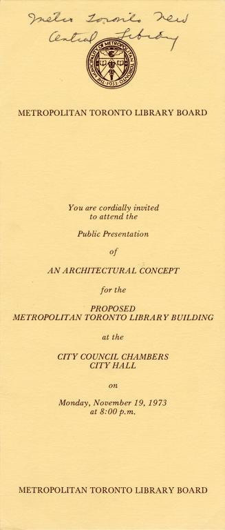 Invitation to public presentation of proposed library building on yellow paper. 