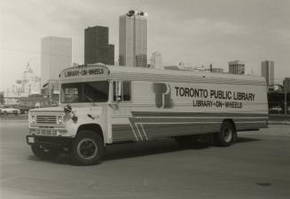 A parked bookmobile.