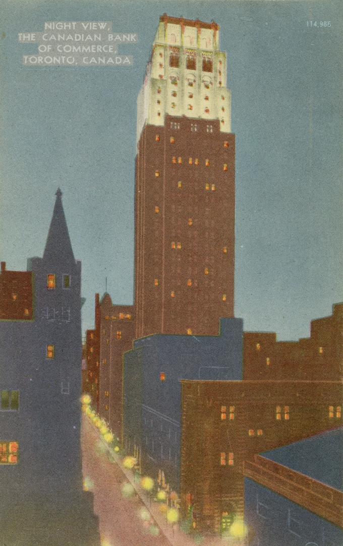 Colorized photograph of a skyscraper in the art deco style, taken at night.