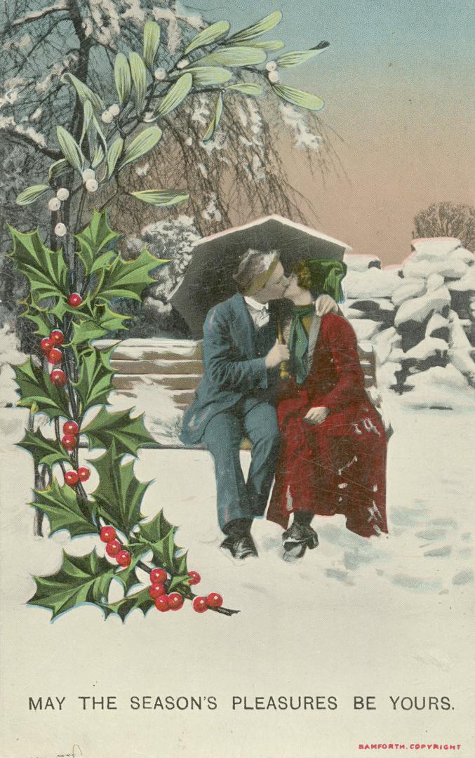 Colored drawing of a man and woman kissing on a park bench in the snow. Holly and mistletoe in  ...