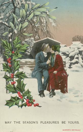 Colored drawing of a man and woman kissing on a park bench in the snow. Holly and mistletoe in …