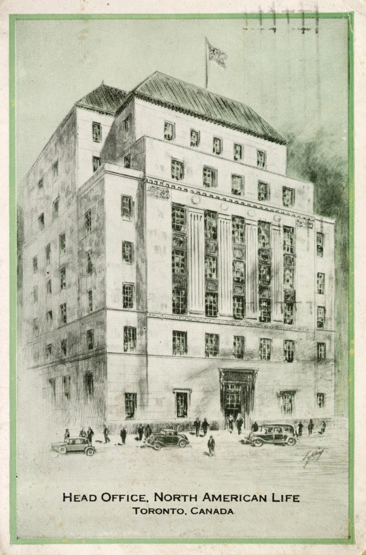 Green-toned postcard depicting an illustration of a large building with a flag at the top, a fe ...