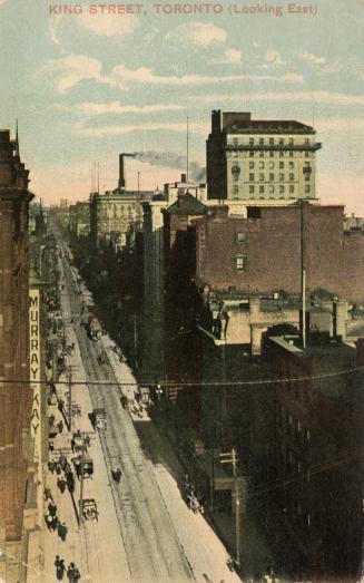 Colour photo postcard of King Street looking east towards Yonge Street, with a Murray Kay sign  ...