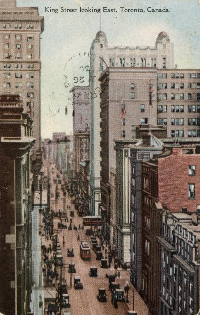 Colour postcard depicting a view of King Street with cars, pedestrians, and streetcars about. T ...