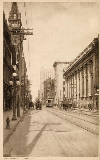 Sepia-toned photo postcard of King Street looking east towards Bay Street, the Mail and Empire …