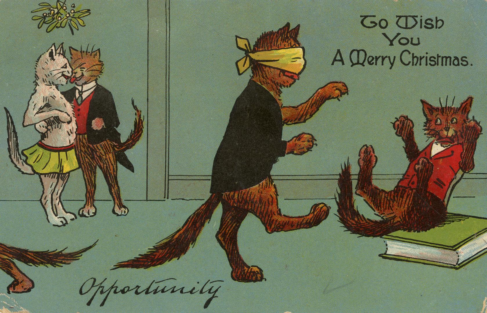 Colored drawing of cats at a party; one is blindfolded.