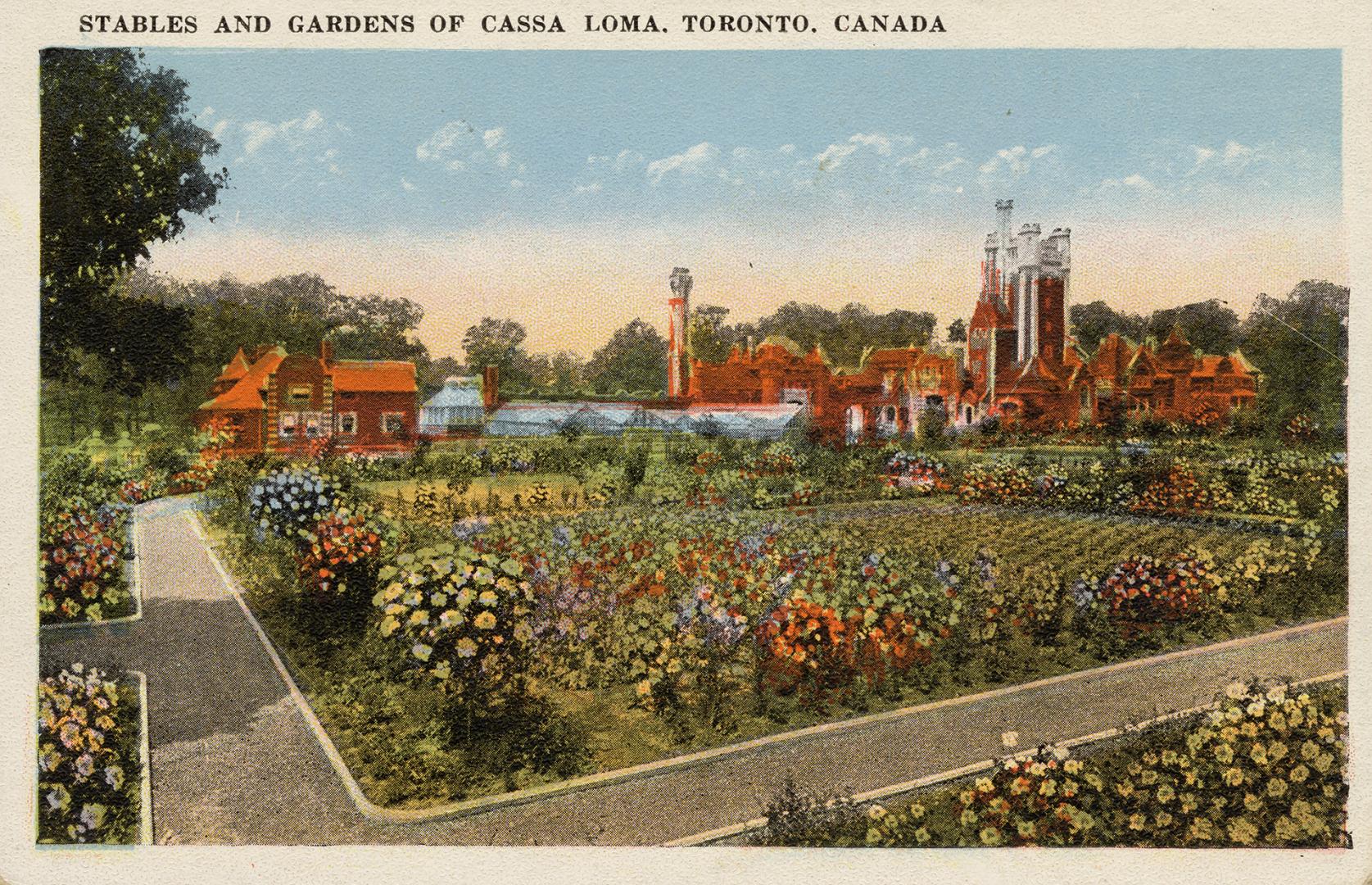 Colorized photograph of many buildings set in behind a flower garden.