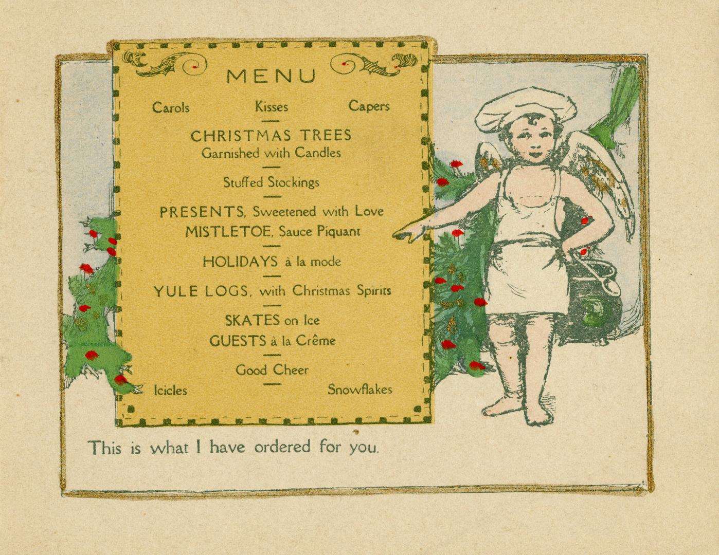 Pictured is an angel wearing an apron and a chef's hat. The angel stands beside a giant "menu" …