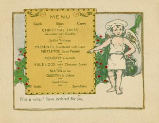 Pictured is an angel wearing an apron and a chef's hat. The angel stands beside a giant "menu" …