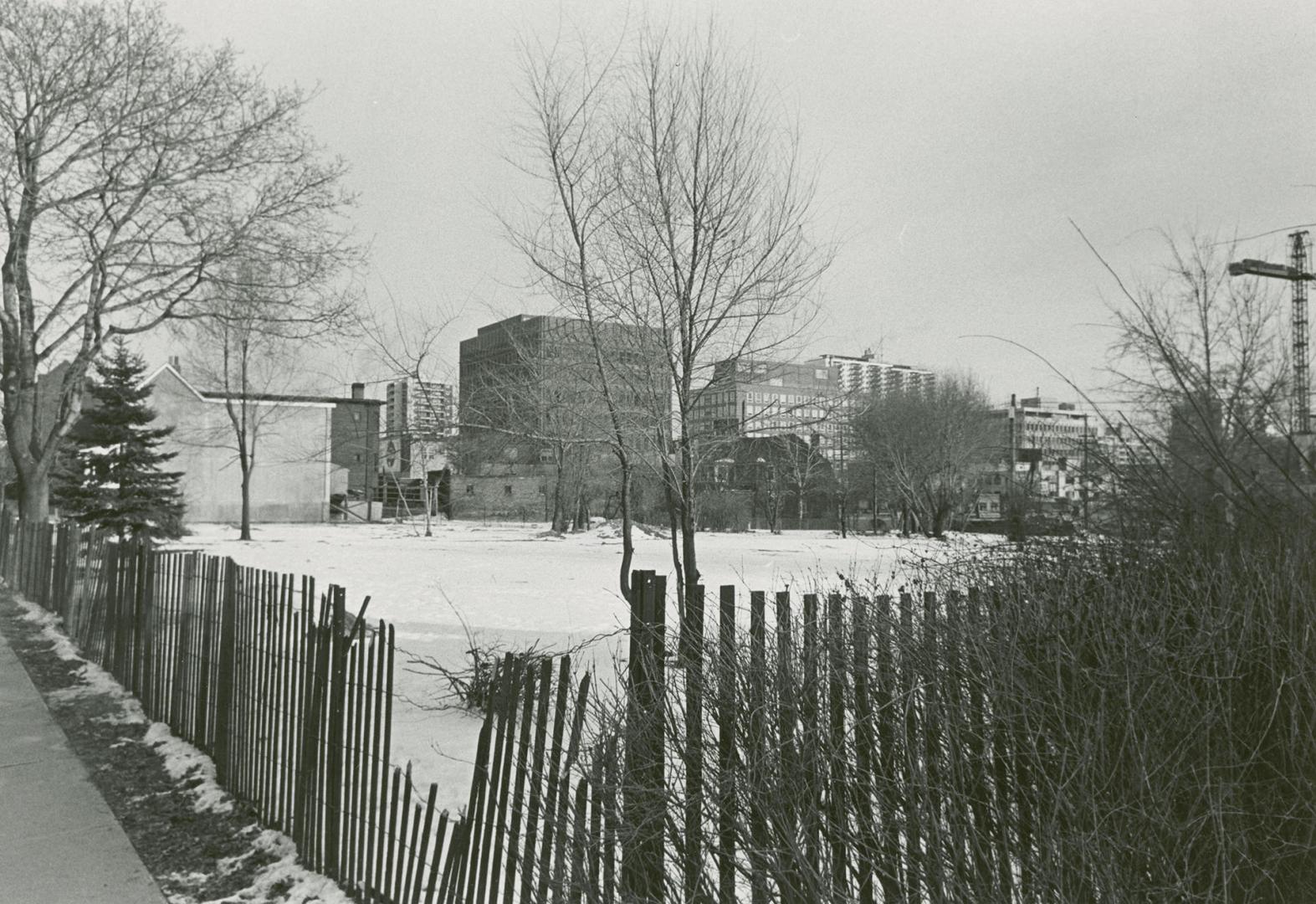 Picture of empty building lot surrounded by wooden fencing. 