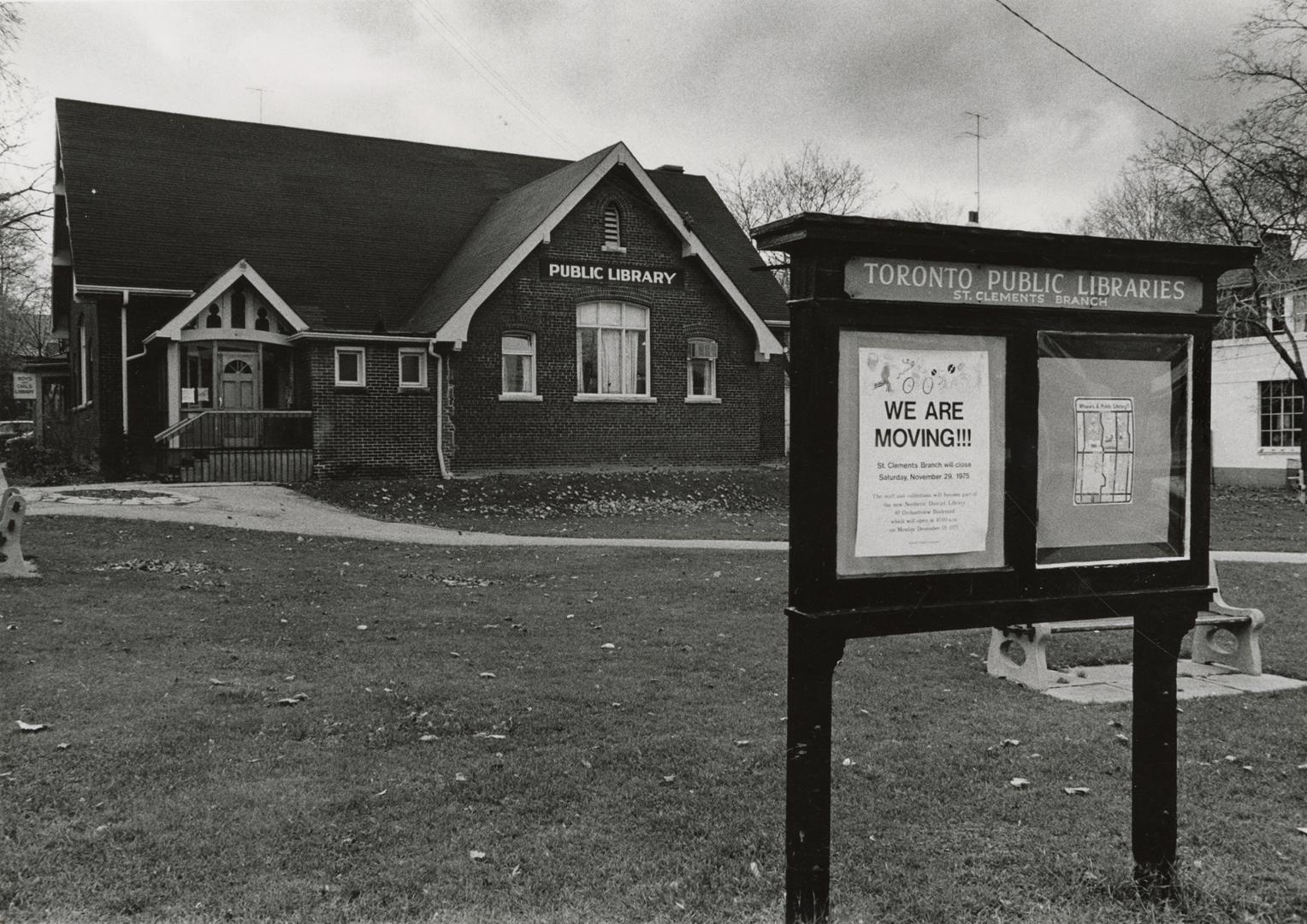 Picture of library building and sign out front saying library is moving.