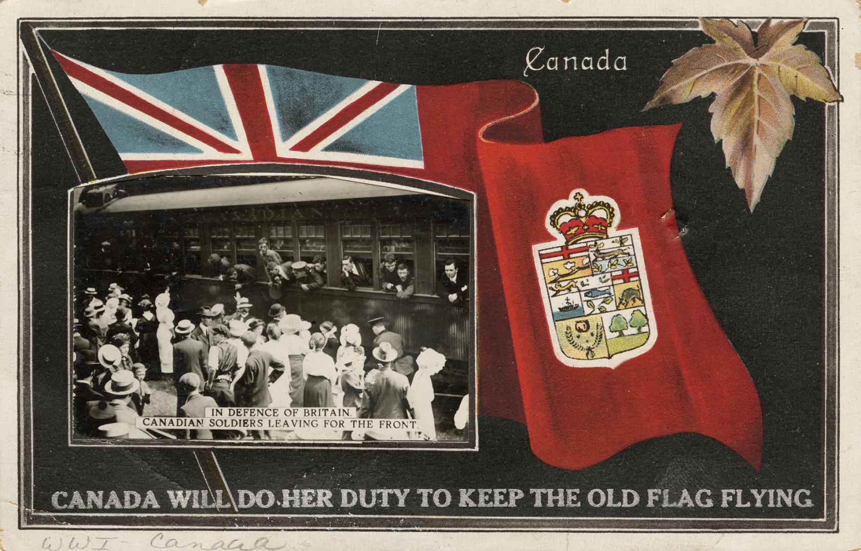 A large flag with the Union Jack and coat of arms of Canada. A photograph of civilians waving g ...