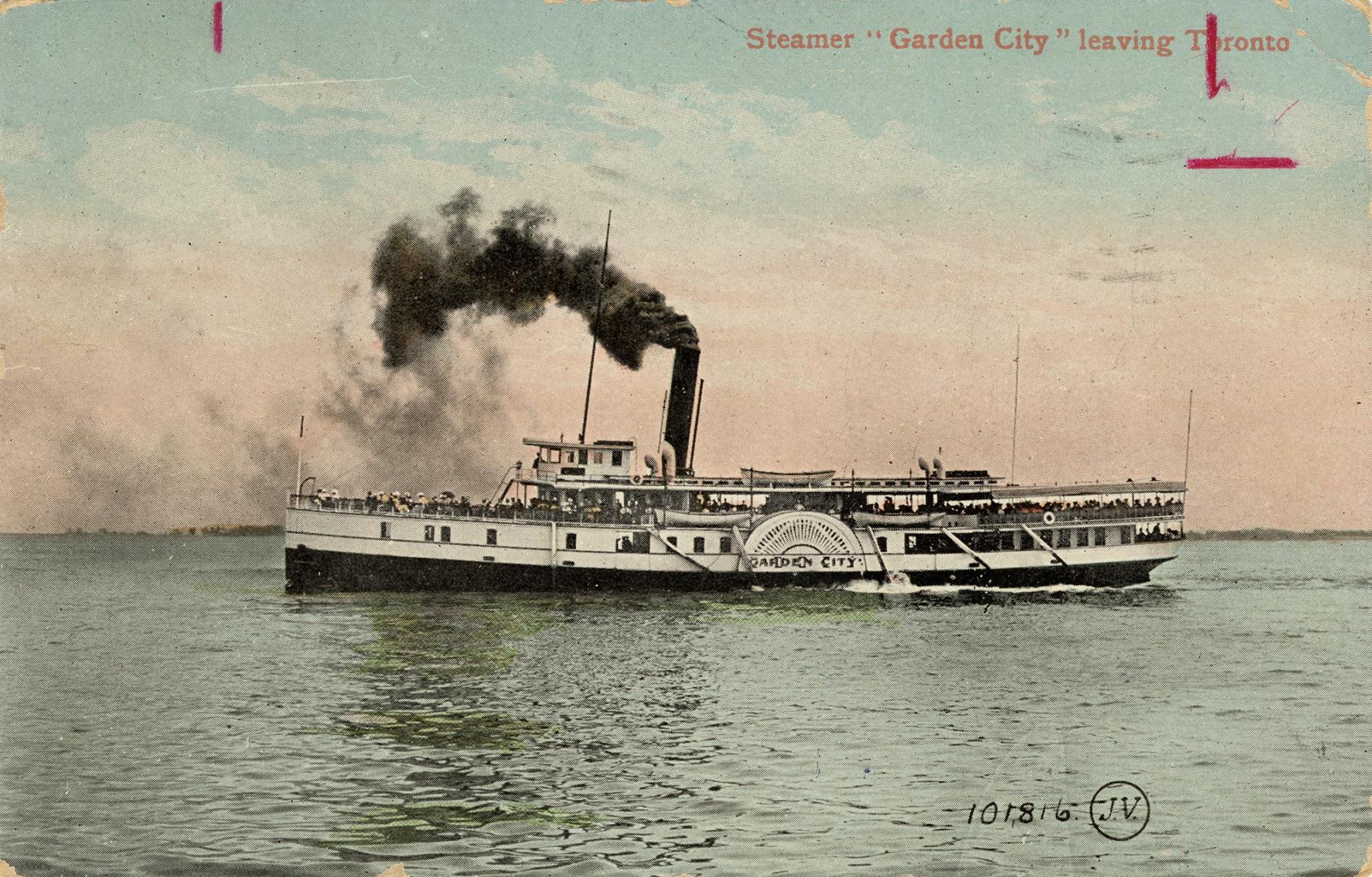 Colonized photograph of a steamship on open water.