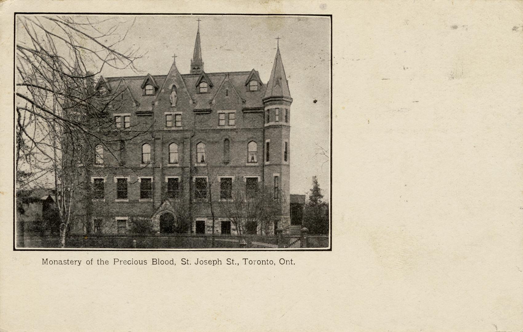 Black and postcard with inset photo depicting the exterior of a 5-story building. The caption a ...