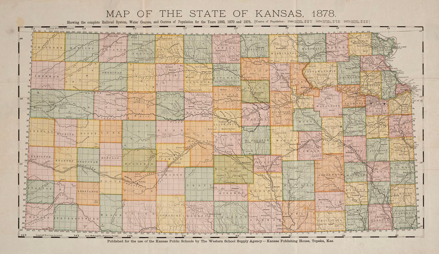 Map of the State of Kansas, 1878 showing the complete railroad system, water courses, and centres of population for the years 1860, 1870 and 1875 