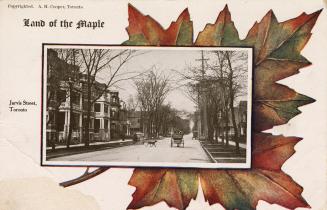 Black and white photogprah of horses and buggies going down a residential street, superimposed …