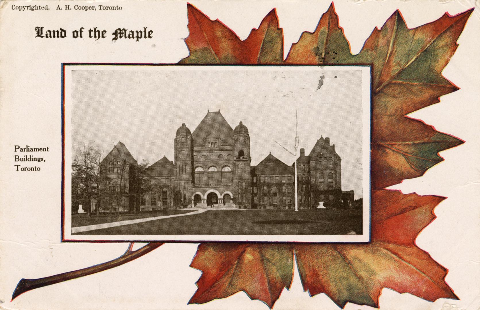 Black and white photograph of a huge Richardsonian Romanesque Revival structure, superimposed o ...