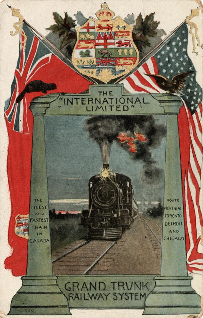 Photograph of a steam train superimpose over the Canadian and American flags.