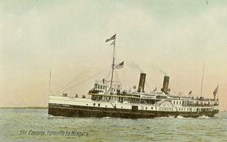 Colorized photograph of a large steamship on the open water.