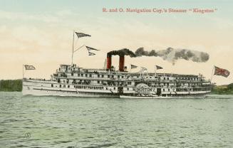 Colorized photograph of a large steamship on the open water.