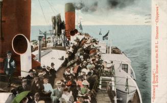 Colorized photograph of a large crowd of people standing on the deck of a large ship.