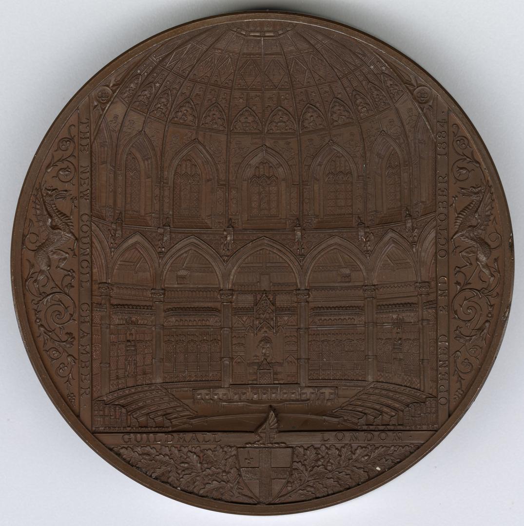 Bronze medal, die struck.(obverse) Interior of the Council chamber; to left and right, supporte ...