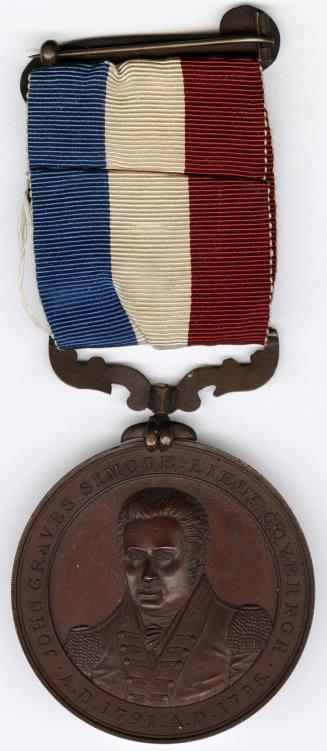 Copper medal with red, white, and blue ribbon and clasp.Decorative hanger at 12 o’clock.(revers…
