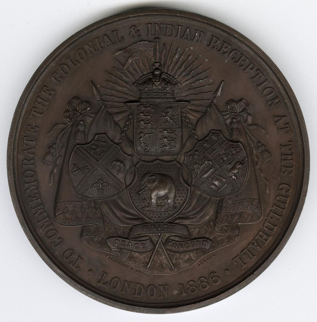 Bronze medal, die struck.(obverse) Inscription: "TO COMMEMORATE THE COLONIAL & INDIAN RECEPTION ...