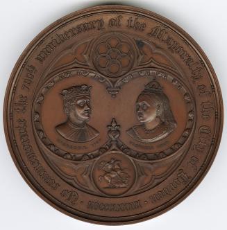 Bronze medal.(obverse) Busts crowned and draped of Richard I 1180 and Victoria 1889, facing tow ...