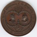 Bronze medal.(obverse) Busts crowned and draped of Richard I 1180 and Victoria 1889, facing tow ...