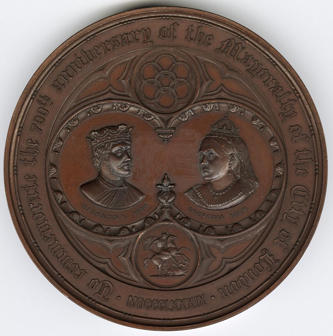 Bronze medal.(obverse) Busts crowned and draped of Richard I 1180 and Victoria 1889, facing tow ...