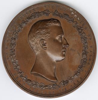 Bronze medal.(obverse) Right facing, bare headed portrait of the Prince within a border of nati ...