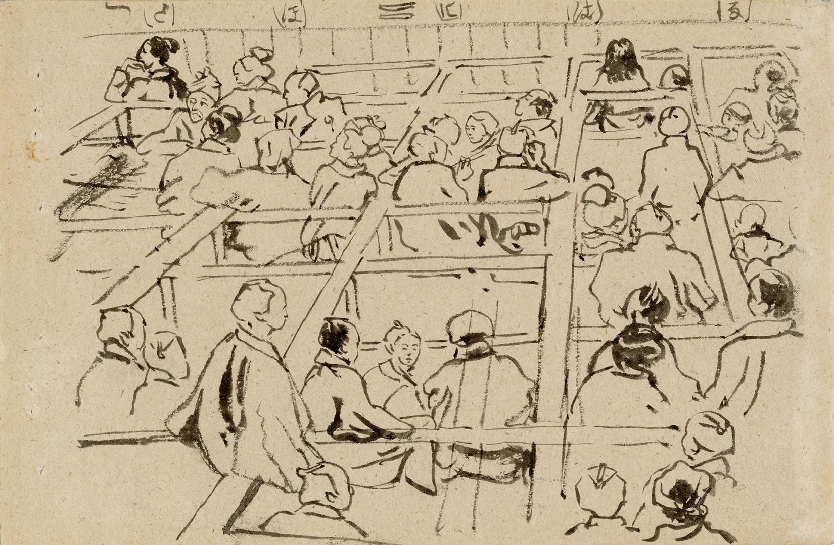 Interior of Kabuki theatre : ink sketch from sketchbook of English artist in Japan, circa 1850- ...