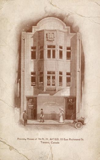 Sepia-toned postcard depicting the exterior frontage of a three-story building with pedestrians…