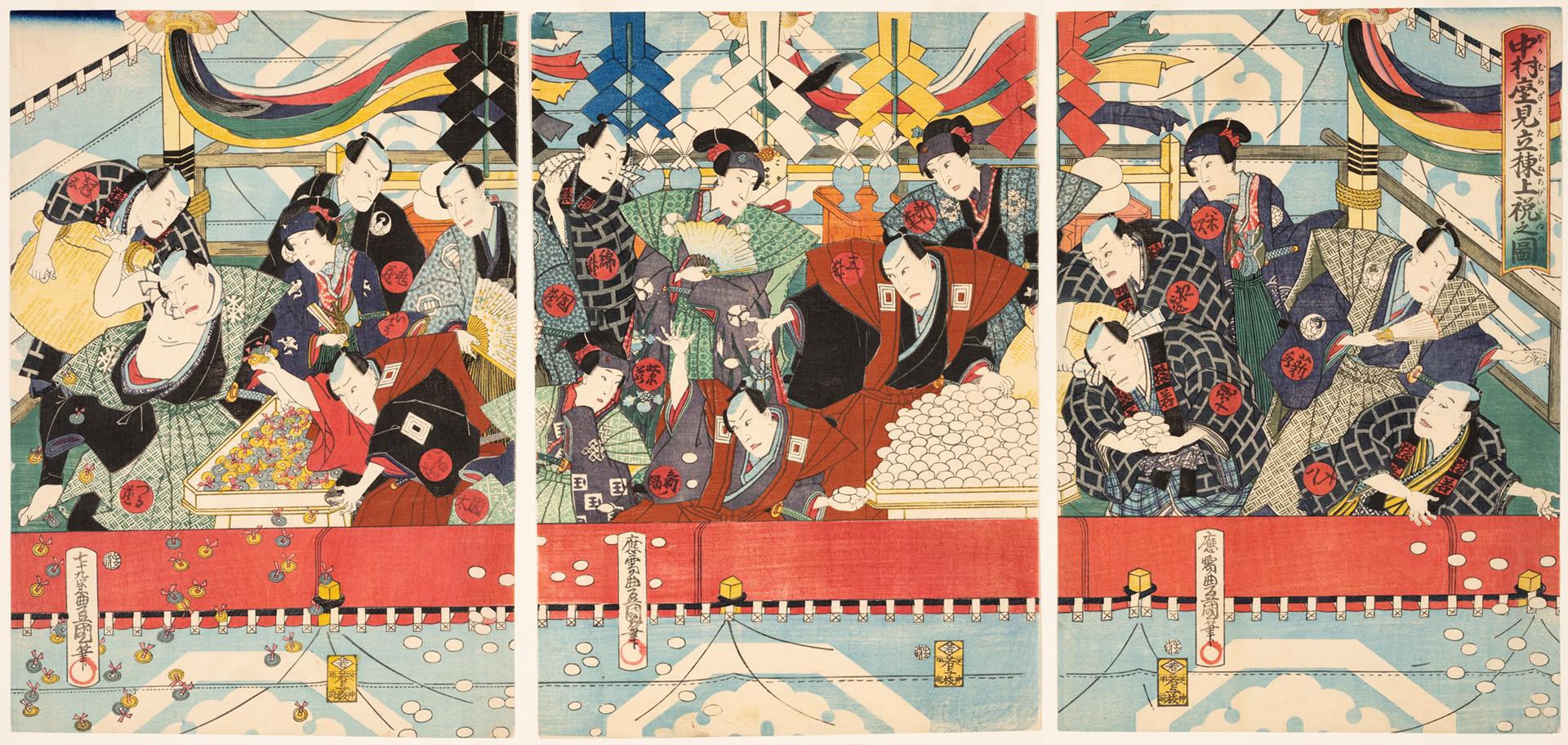 Japanese print of actors tossing out good luck symbols at a celebration of the ridge-pole raisi ...