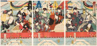 Japanese print of actors tossing out good luck symbols at a celebration of the ridge-pole raisi…