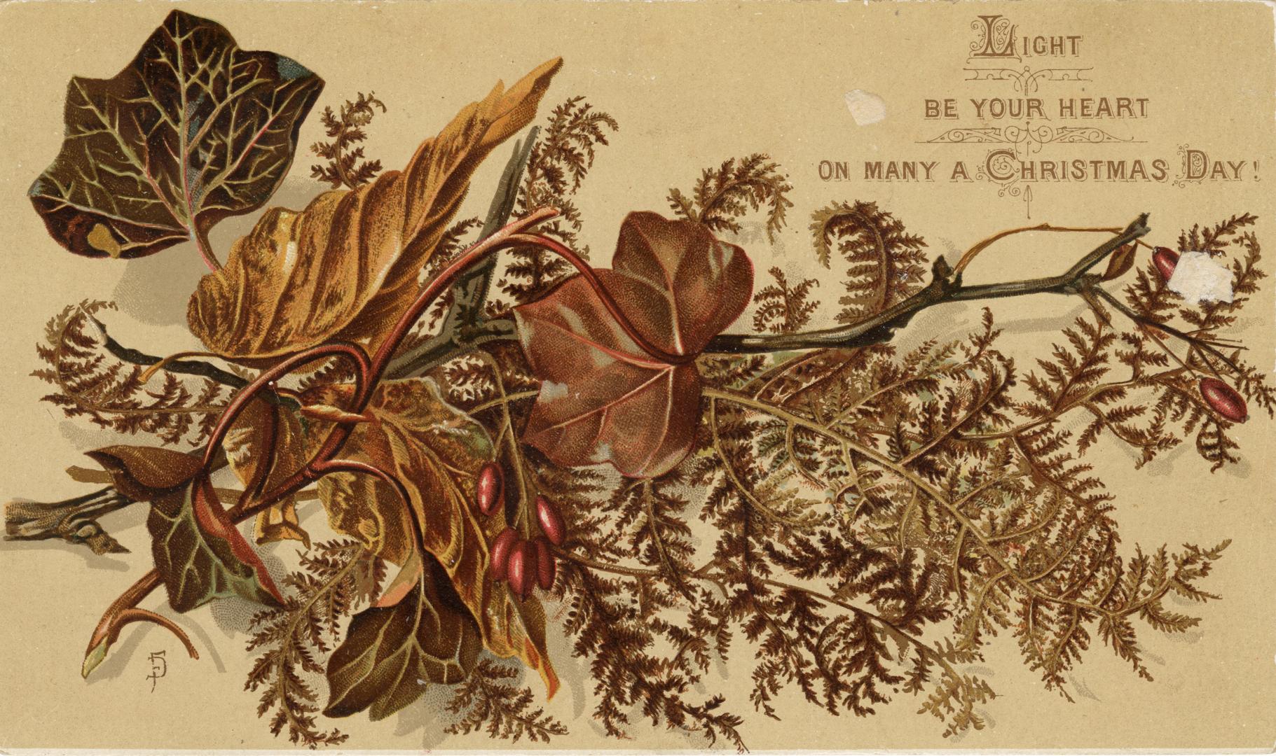 The front of the card pictures a tree branch, foliage, and berries rendered in shades of brown,…